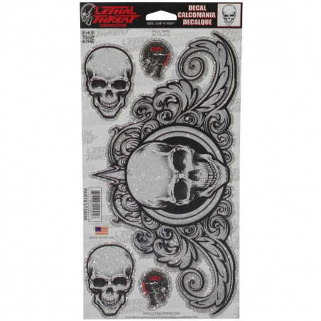 Autocollant / Sticker - LETHAL THREAT Skull Swirl Pailleter 15 x 26cm