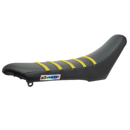 Funda de asiento Most Racing Rieju MRT 50cc negra con tiras amarillas logo holográfico
