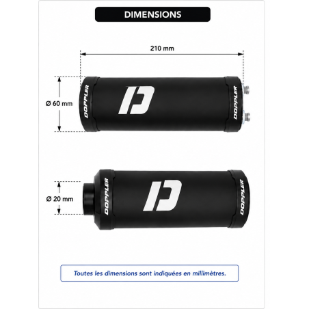 Dimensiones del silenciador Doppler diámetro 60 mm y salida 20 mm